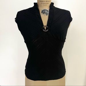 XOXO Collection Mandarin Collar V-Neck Cap Sleeve Top